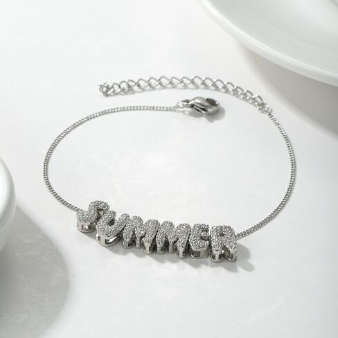 Bubble Letter Name Bracelet - Custom Name Bracelet - Personalized Initial Bracelets For Women - Cubic Zirconia Bracelet - Adjustable Chain Bracelet - Gift For Her in Saudi Arabia