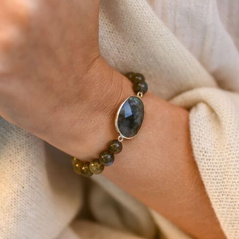 Sofiacreations Handmade Natural Genuine Labradorite Beaded Charm Stretchy Bracelet, Healing Protection Strength Reiki Anxiety Relief Balance Spiritual Bracelet, Gift for Women in Saudi Arabia