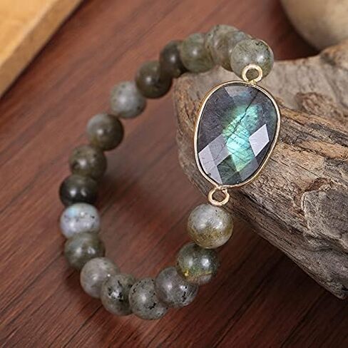 Sofiacreations Handmade Natural Genuine Labradorite Beaded Charm Stretchy Bracelet, Healing Protection Strength Reiki Anxiety Relief Balance Spiritual Bracelet, Gift for Women in Saudi Arabia
