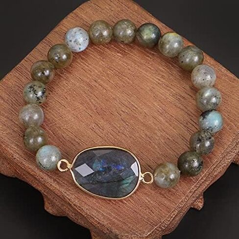 Sofiacreations Handmade Natural Genuine Labradorite Beaded Charm Stretchy Bracelet, Healing Protection Strength Reiki Anxiety Relief Balance Spiritual Bracelet, Gift for Women in Saudi Arabia
