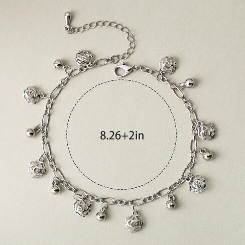 Silver Anklets for Women, Delicate Adjustable Foot Jewelry with Hollowed Flowers and Tiny Bells, Minimalist Foot Chain for Vacation, Hypoallergenic Silver Anklet for Casual or Boho Style in Saudi Arabia
