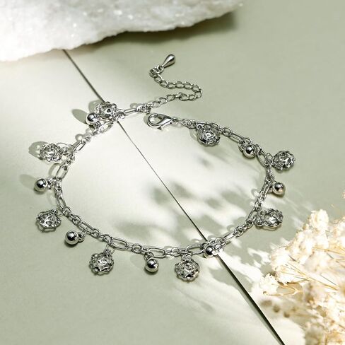 Silver Anklets for Women, Delicate Adjustable Foot Jewelry with Hollowed Flowers and Tiny Bells, Minimalist Foot Chain for Vacation, Hypoallergenic Silver Anklet for Casual or Boho Style in Saudi Arabia