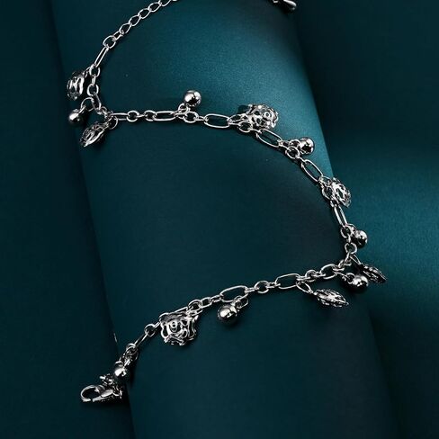 Silver Anklets for Women, Delicate Adjustable Foot Jewelry with Hollowed Flowers and Tiny Bells, Minimalist Foot Chain for Vacation, Hypoallergenic Silver Anklet for Casual or Boho Style in Saudi Arabia