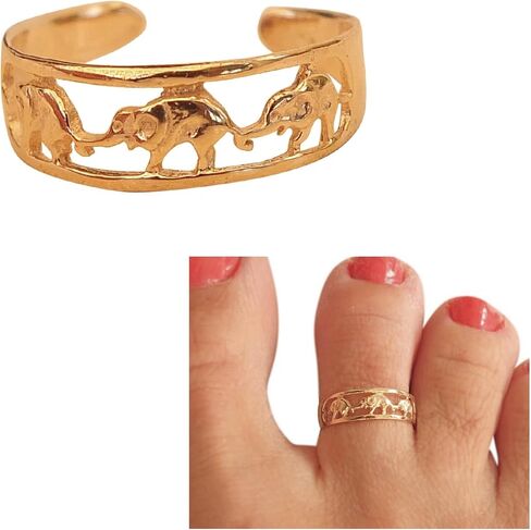 Handmade Gold Animal Elephant Adjustable Toe Ring, Gold Plated over Sterling Silver, Cute Elephants Family Dainty Open Toe, Pinky or Knuckle Rings for Women, By MiYa Jewelry Creations in Saudi Arabia