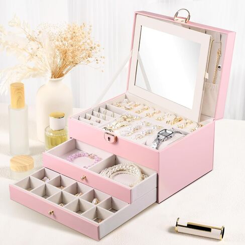 3 Layer Jewelry Boxes Large Jewelry Holder Organizer Case with 2 Jewelry Organizer Drawer PU Earring Organizer Lockable Upgrade Mirror Gifts for Mom Wife,Pink in Kuwait