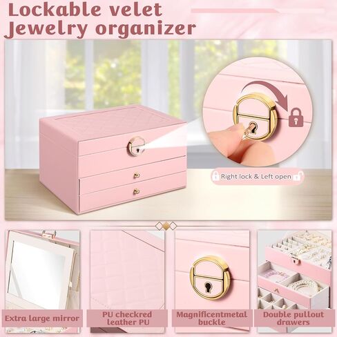 3 Layer Jewelry Boxes Large Jewelry Holder Organizer Case with 2 Jewelry Organizer Drawer PU Earring Organizer Lockable Upgrade Mirror Gifts for Mom Wife,Pink in Kuwait
