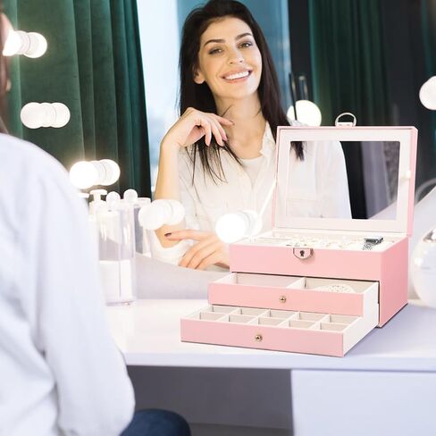 3 Layer Jewelry Boxes Large Jewelry Holder Organizer Case with 2 Jewelry Organizer Drawer PU Earring Organizer Lockable Upgrade Mirror Gifts for Mom Wife,Pink in Kuwait