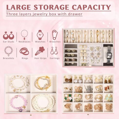 3 Layer Jewelry Boxes Large Jewelry Holder Organizer Case with 2 Jewelry Organizer Drawer PU Earring Organizer Lockable Upgrade Mirror Gifts for Mom Wife,Pink in Kuwait