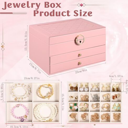 3 Layer Jewelry Boxes Large Jewelry Holder Organizer Case with 2 Jewelry Organizer Drawer PU Earring Organizer Lockable Upgrade Mirror Gifts for Mom Wife,Pink in Kuwait