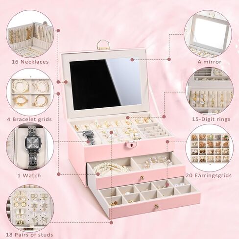 3 Layer Jewelry Boxes Large Jewelry Holder Organizer Case with 2 Jewelry Organizer Drawer PU Earring Organizer Lockable Upgrade Mirror Gifts for Mom Wife,Pink in Kuwait