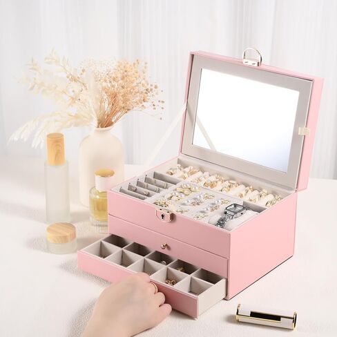 3 Layer Jewelry Boxes Large Jewelry Holder Organizer Case with 2 Jewelry Organizer Drawer PU Earring Organizer Lockable Upgrade Mirror Gifts for Mom Wife,Pink in Kuwait