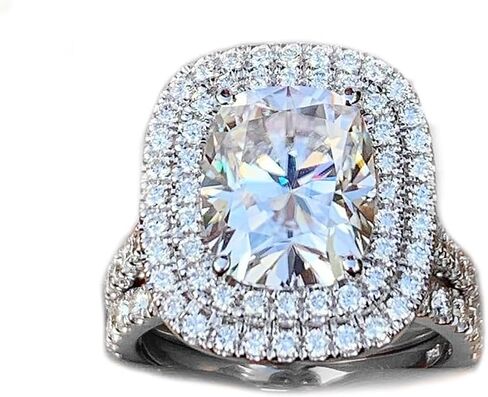 Large Double Halo 14k Solid White Gold Cushion Cut Moissanite and Round Cut Engagement Ring And Band Bridal 4.50ctw (14K White Gold, 6.0) in Saudi Arabia