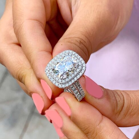 Large Double Halo 14k Solid White Gold Cushion Cut Moissanite and Round Cut Engagement Ring And Band Bridal 4.50ctw (14K White Gold, 6.0) in Saudi Arabia