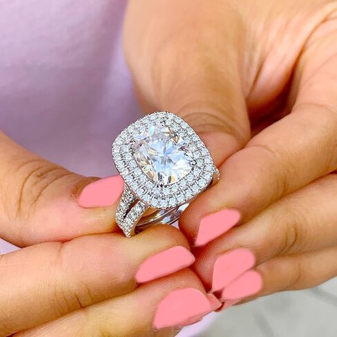 Large Double Halo 14k Solid White Gold Cushion Cut Moissanite and Round Cut Engagement Ring And Band Bridal 4.50ctw (14K White Gold, 6.0) in Saudi Arabia
