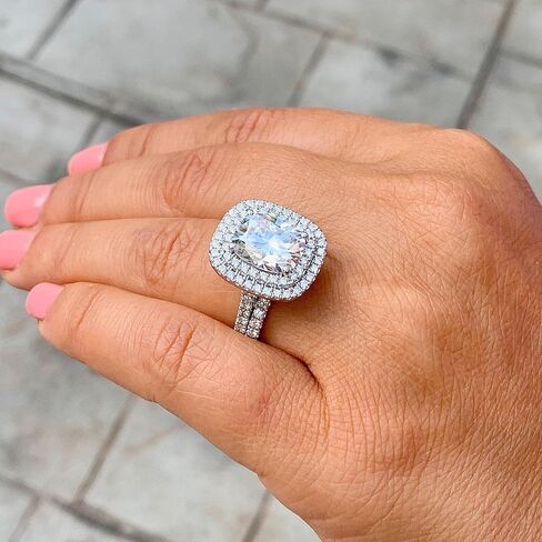 Large Double Halo 14k Solid White Gold Cushion Cut Moissanite and Round Cut Engagement Ring And Band Bridal 4.50ctw (14K White Gold, 6.0) in Saudi Arabia