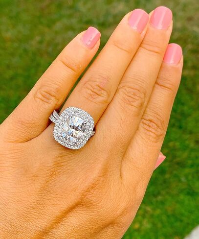 Large Double Halo 14k Solid White Gold Cushion Cut Moissanite and Round Cut Engagement Ring And Band Bridal 4.50ctw (14K White Gold, 6.0) in Saudi Arabia