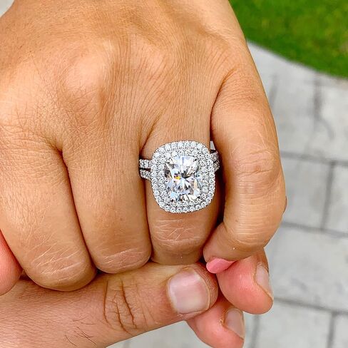 Large Double Halo 14k Solid White Gold Cushion Cut Moissanite and Round Cut Engagement Ring And Band Bridal 4.50ctw (14K White Gold, 6.0) in Saudi Arabia