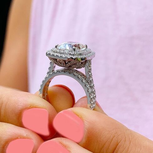 Large Double Halo 14k Solid White Gold Cushion Cut Moissanite and Round Cut Engagement Ring And Band Bridal 4.50ctw (14K White Gold, 6.0) in Saudi Arabia