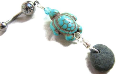 Turquoise Howlite Sea Turtle and Beach Stone Belly Ring in Saudi Arabia