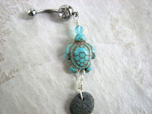 Turquoise Howlite Sea Turtle and Beach Stone Belly Ring in Saudi Arabia