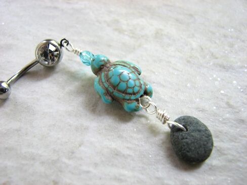 Turquoise Howlite Sea Turtle and Beach Stone Belly Ring in Saudi Arabia