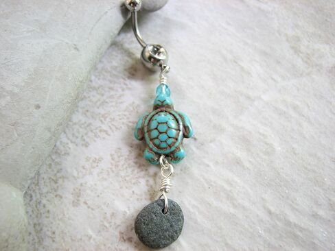 Turquoise Howlite Sea Turtle and Beach Stone Belly Ring in Saudi Arabia