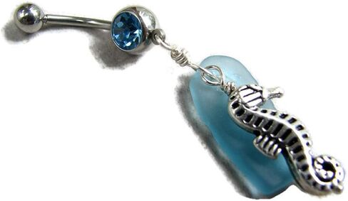 Aqua Sea Glass and Seahorse Belly Button Ring in Saudi Arabia