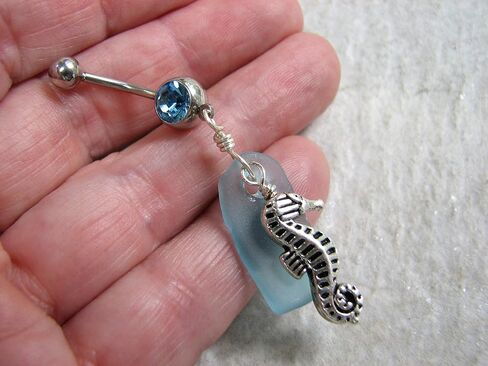 Aqua Sea Glass and Seahorse Belly Button Ring in Saudi Arabia
