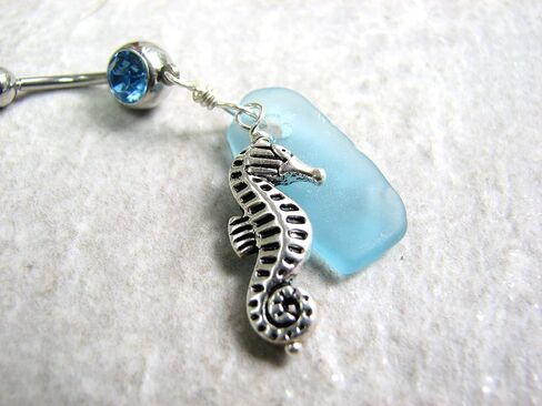 Aqua Sea Glass and Seahorse Belly Button Ring in Saudi Arabia