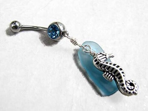 Aqua Sea Glass and Seahorse Belly Button Ring in Saudi Arabia