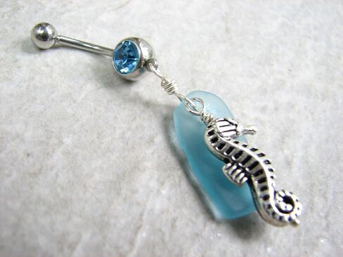 Aqua Sea Glass and Seahorse Belly Button Ring in Saudi Arabia