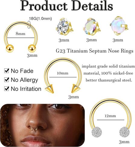 18G G23 خواتم أنف التيتانيوم الحاجز للنساء 14K حلقة الذهب Hypoallergenic حدوة حصان للبشرة الحساسة داخليًا متورطًا في كرة أوبال مرفقة CZ CZ Daith Cartilage Tragus Molerings Molect in Kuwait