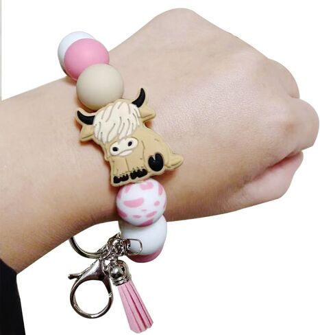 iMagitek Highland Cow Silicone Wristlet Keychain Highland Cow Elastic Bracelet Keychain Keyring Gift for Girls Women (Brown) in Saudi Arabia