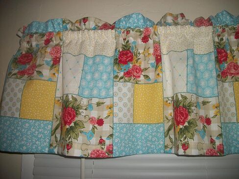 Blue Sweet Rose Patchwork Pioneer Woman Flowers Floral farmhouse window treatment farm kitchen fabric curtain topper Valance matches tablecloth in Saudi Arabia