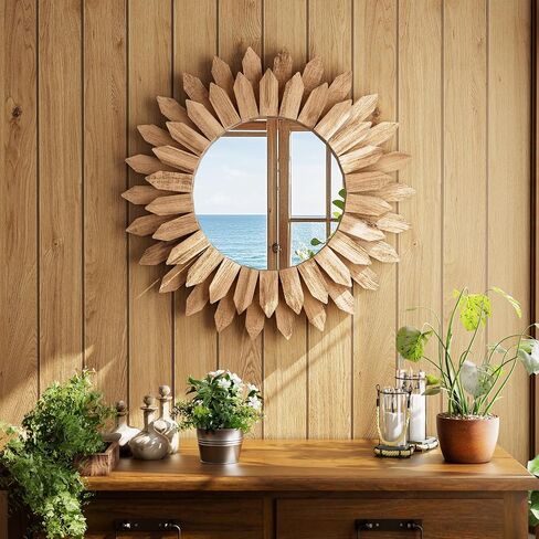 20 Inch Brown Boho Wall Decor Sunburst Mirror - Round Wooden Wall Decor, Handmade Rustic Circular Mirror for Living Room, Bedroom, Entryway, Office in Kuwait