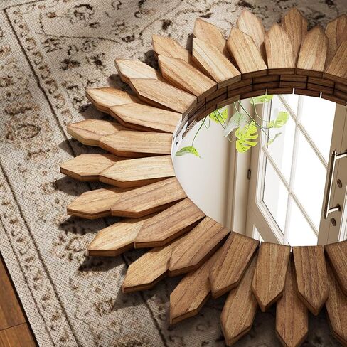 20 Inch Brown Boho Wall Decor Sunburst Mirror - Round Wooden Wall Decor, Handmade Rustic Circular Mirror for Living Room, Bedroom, Entryway, Office in Kuwait