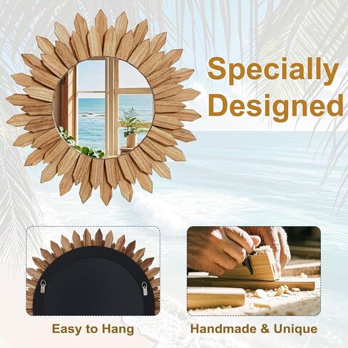 20 Inch Brown Boho Wall Decor Sunburst Mirror - Round Wooden Wall Decor, Handmade Rustic Circular Mirror for Living Room, Bedroom, Entryway, Office in Kuwait