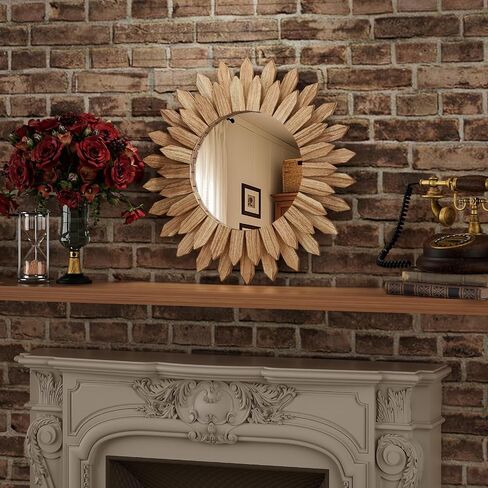 20 Inch Brown Boho Wall Decor Sunburst Mirror - Round Wooden Wall Decor, Handmade Rustic Circular Mirror for Living Room, Bedroom, Entryway, Office in Kuwait