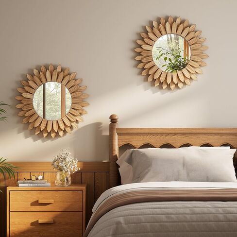 20 Inch Brown Boho Wall Decor Sunburst Mirror - Round Wooden Wall Decor, Handmade Rustic Circular Mirror for Living Room, Bedroom, Entryway, Office in Kuwait