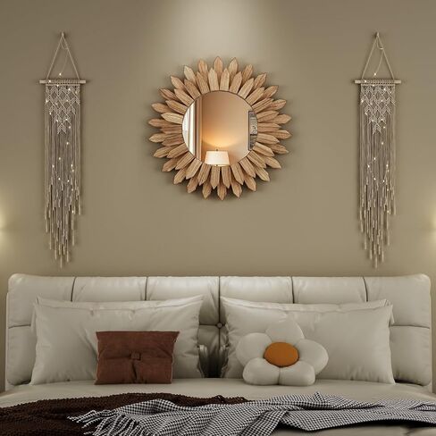 20 Inch Brown Boho Wall Decor Sunburst Mirror - Round Wooden Wall Decor, Handmade Rustic Circular Mirror for Living Room, Bedroom, Entryway, Office in Kuwait