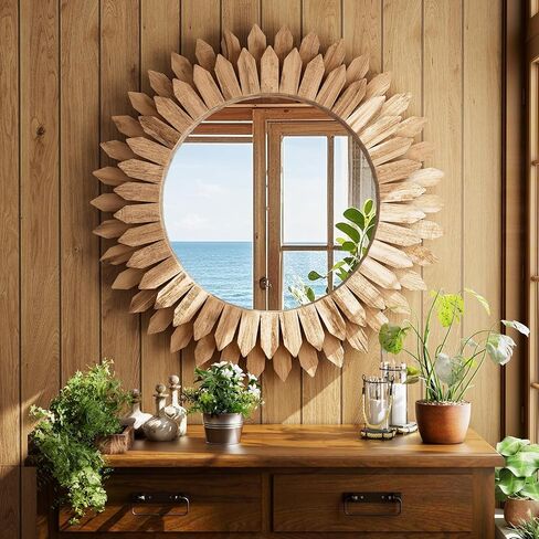 20 Inch Brown Boho Wall Decor Sunburst Mirror - Round Wooden Wall Decor, Handmade Rustic Circular Mirror for Living Room, Bedroom, Entryway, Office in Kuwait