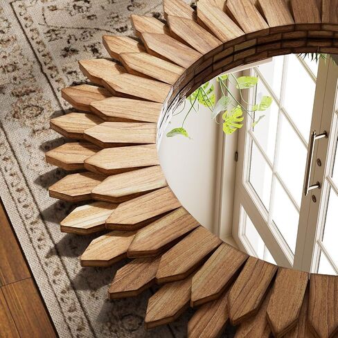 20 Inch Brown Boho Wall Decor Sunburst Mirror - Round Wooden Wall Decor, Handmade Rustic Circular Mirror for Living Room, Bedroom, Entryway, Office in Kuwait