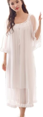Womens Sexy Vintage Loungedress Nightgown 2 pcs Victorian Sleepwear Nightshirt Girls Pajamas (Light Pink) in Saudi Arabia