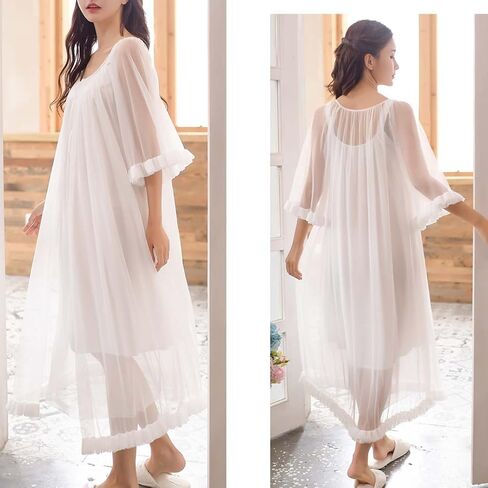 Womens Sexy Vintage Loungedress Nightgown 2 pcs Victorian Sleepwear Nightshirt Girls Pajamas (Light Pink) in Saudi Arabia