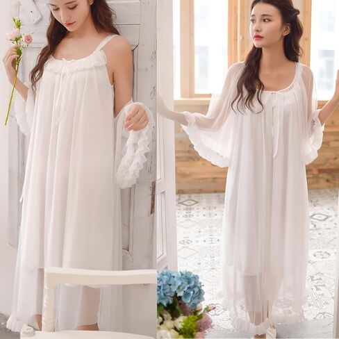 Womens Sexy Vintage Loungedress Nightgown 2 pcs Victorian Sleepwear Nightshirt Girls Pajamas (Light Pink) in Saudi Arabia