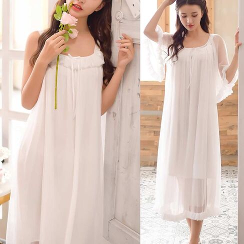 Womens Sexy Vintage Loungedress Nightgown 2 pcs Victorian Sleepwear Nightshirt Girls Pajamas (Light Pink) in Saudi Arabia