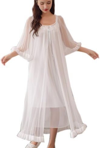 Womens Sexy Vintage Loungedress Nightgown 2 pcs Victorian Sleepwear Nightshirt Girls Pajamas (Light Pink) in Saudi Arabia