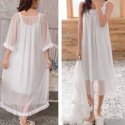 Womens Sexy Vintage Loungedress Nightgown 2 pcs Victorian Sleepwear Nightshirt Girls Pajamas (Light Pink) in Saudi Arabia