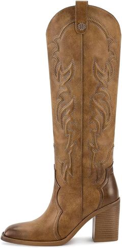 أحذية راعية البقر بنية عالية للركبة من ويت كيس للنساء، أحذية رعاة البقر مطرزة بكعب مكتنز أحذية غربية طويلة مريحة للنساء in Kuwait