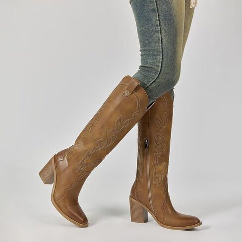 أحذية راعية البقر بنية عالية للركبة من ويت كيس للنساء، أحذية رعاة البقر مطرزة بكعب مكتنز أحذية غربية طويلة مريحة للنساء in Kuwait